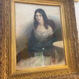 Tableau jeune femme au chalet bleu