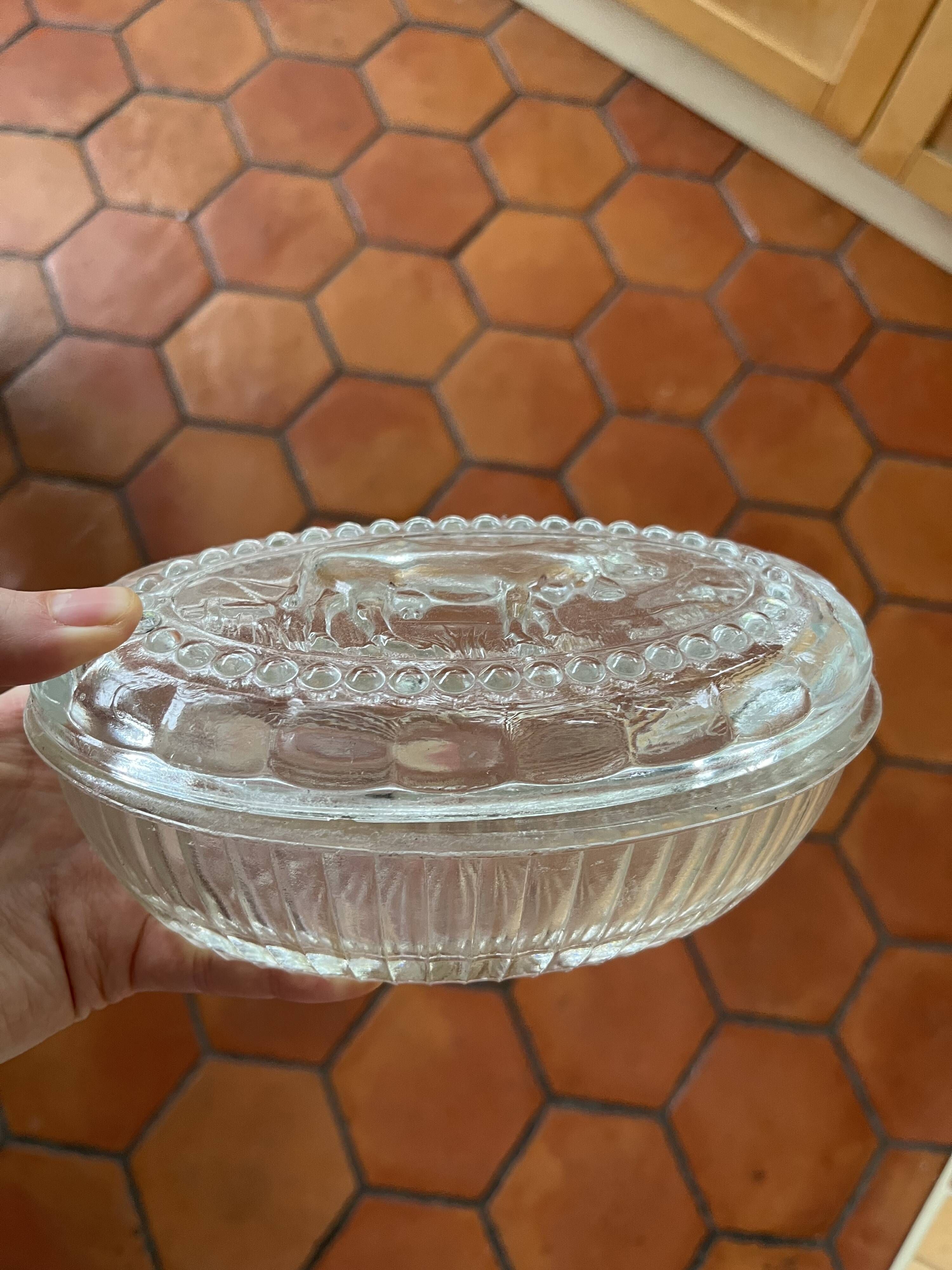Glass butter dish with cow pattern