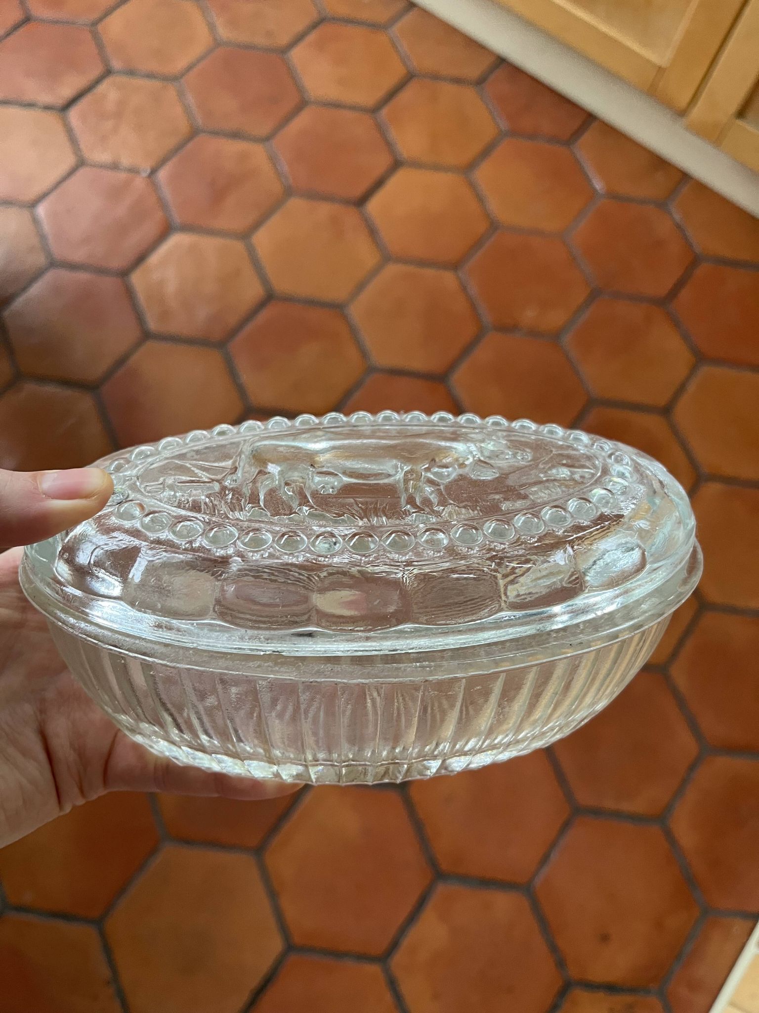 Glass butter dish with cow pattern
