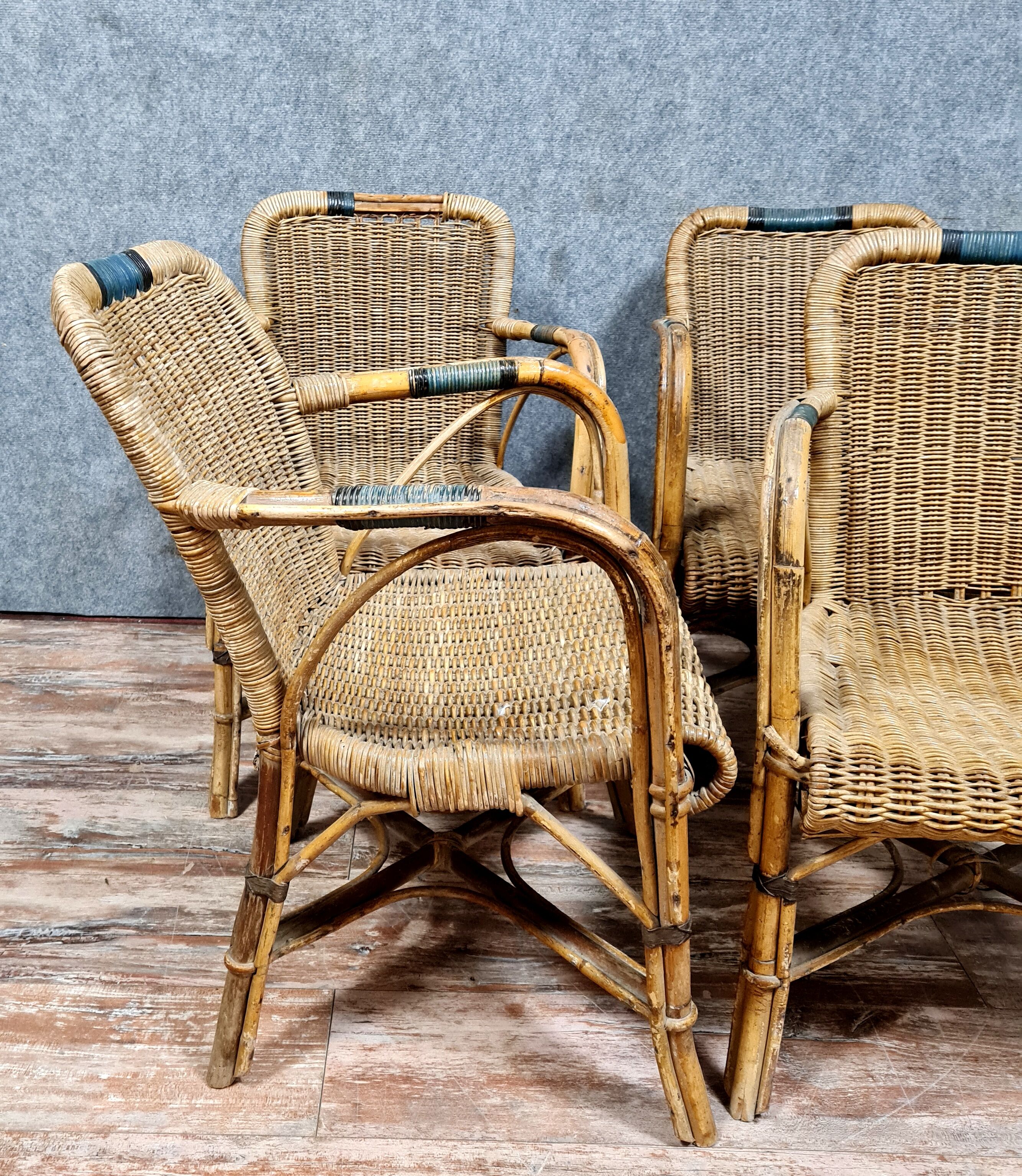 Series of 4 vintage armchairs in rattan and bamboo around 1970