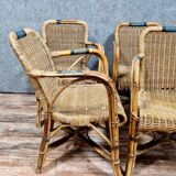 Series of 4 vintage armchairs in rattan and bamboo around 1970