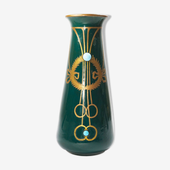 Vase sécession antique en céramique glaçure verte avec cuivre & turquoise-années 1900