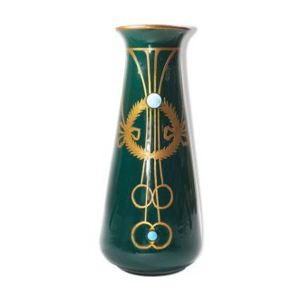Antique secession vase in ceramic green glaze with copper & turquoise-1900s