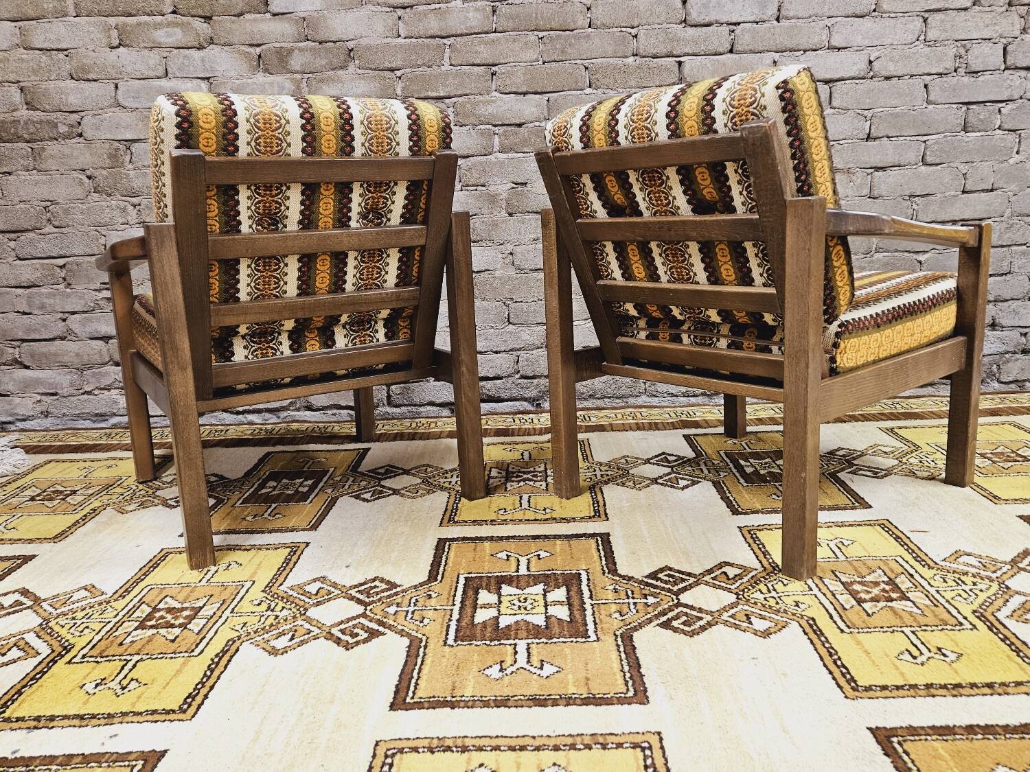 Pair of vintage Scandinavian armchairs with 2 Ottoman stools 1970