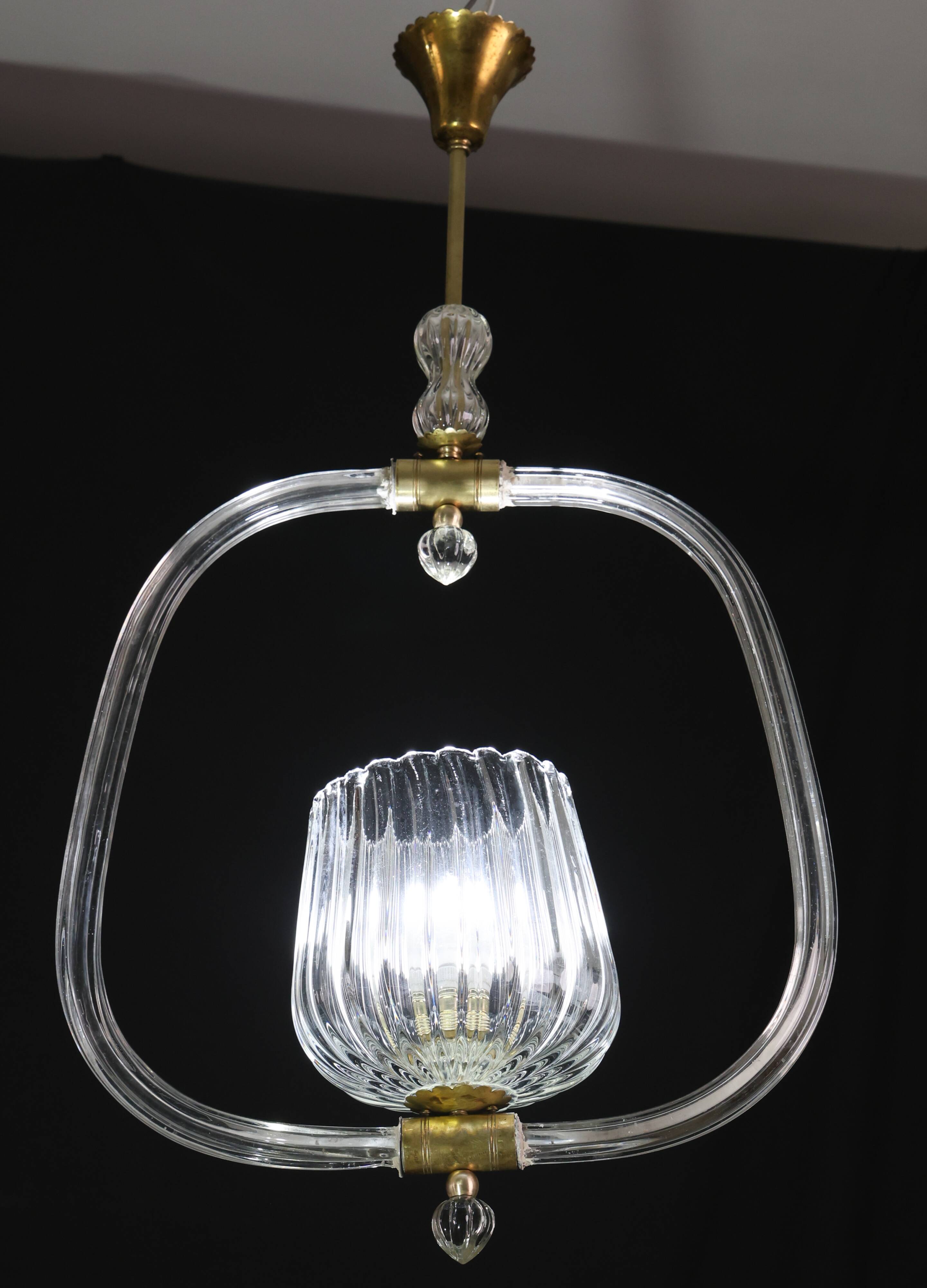 Charming Murano Glass Art Deco Pendant Chandelier by Ercole Barovier, 1940s