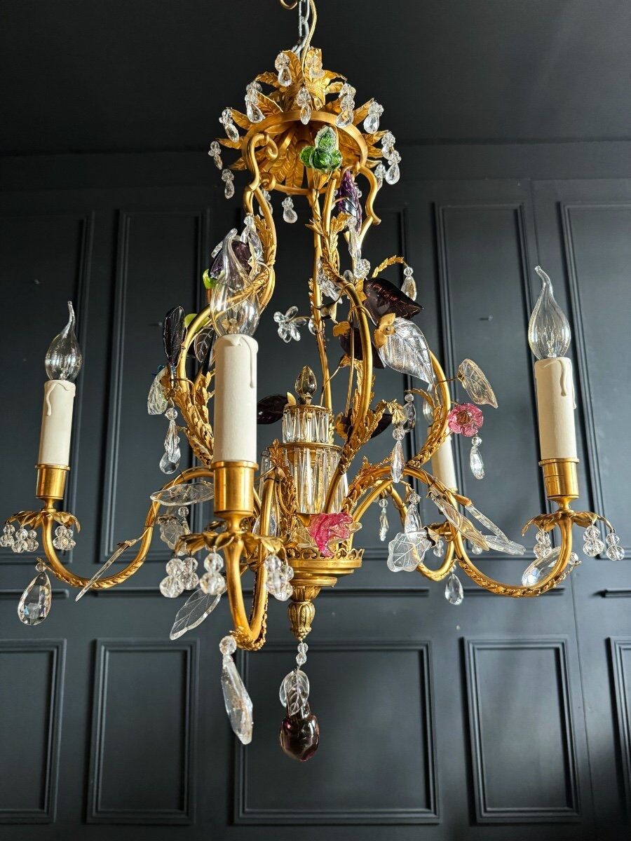 Lustrous pagoda from Maison Baguès in gilded bronze with a decoration of flowers and fruits in glass - 20th century