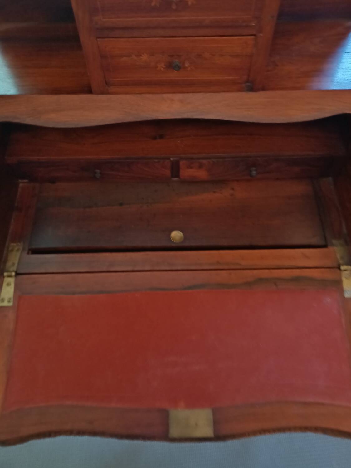 Brown mahogany secretary desk with marquetry