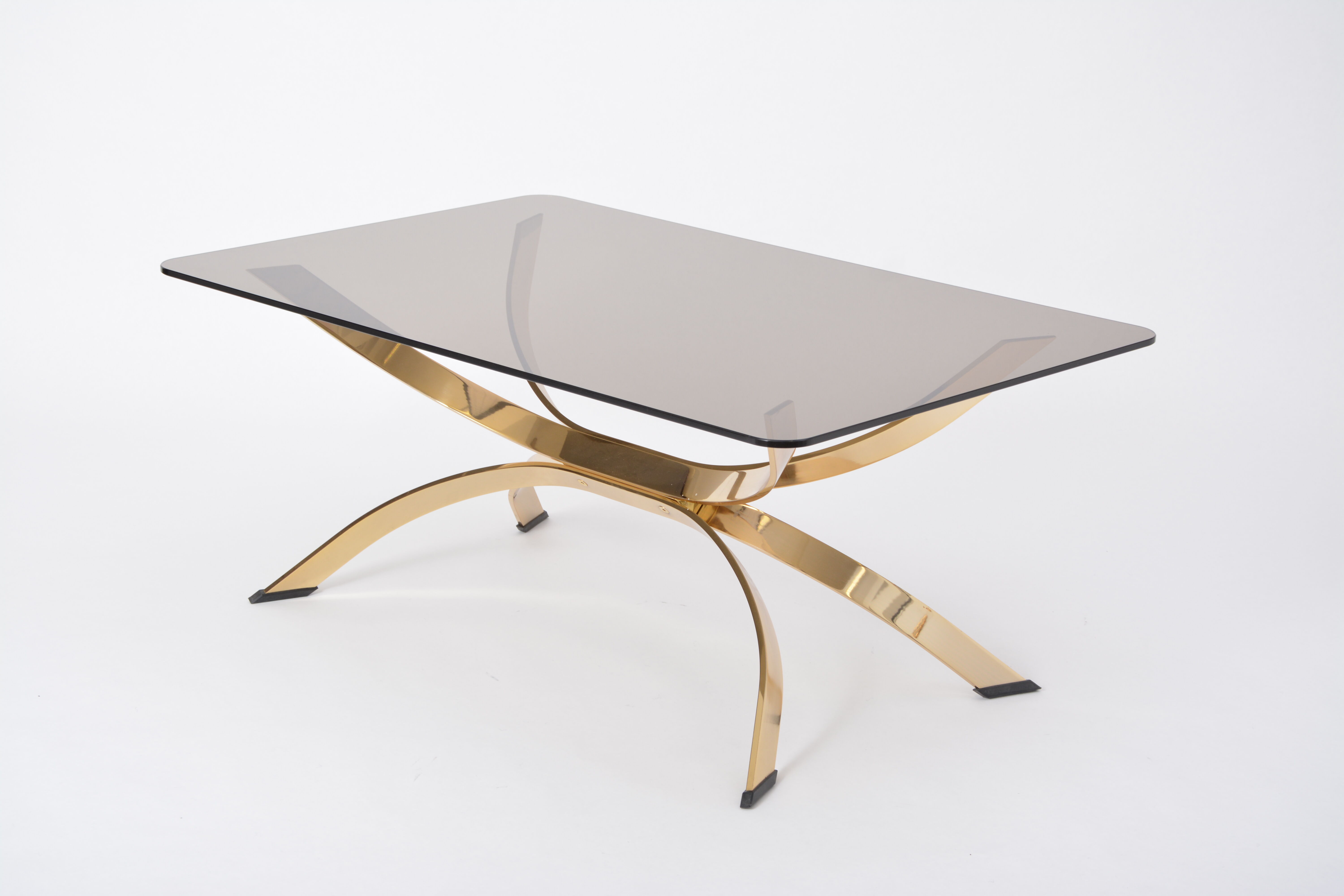 Gold Colored Mid-Century Modern coffee table with smoked Glass top