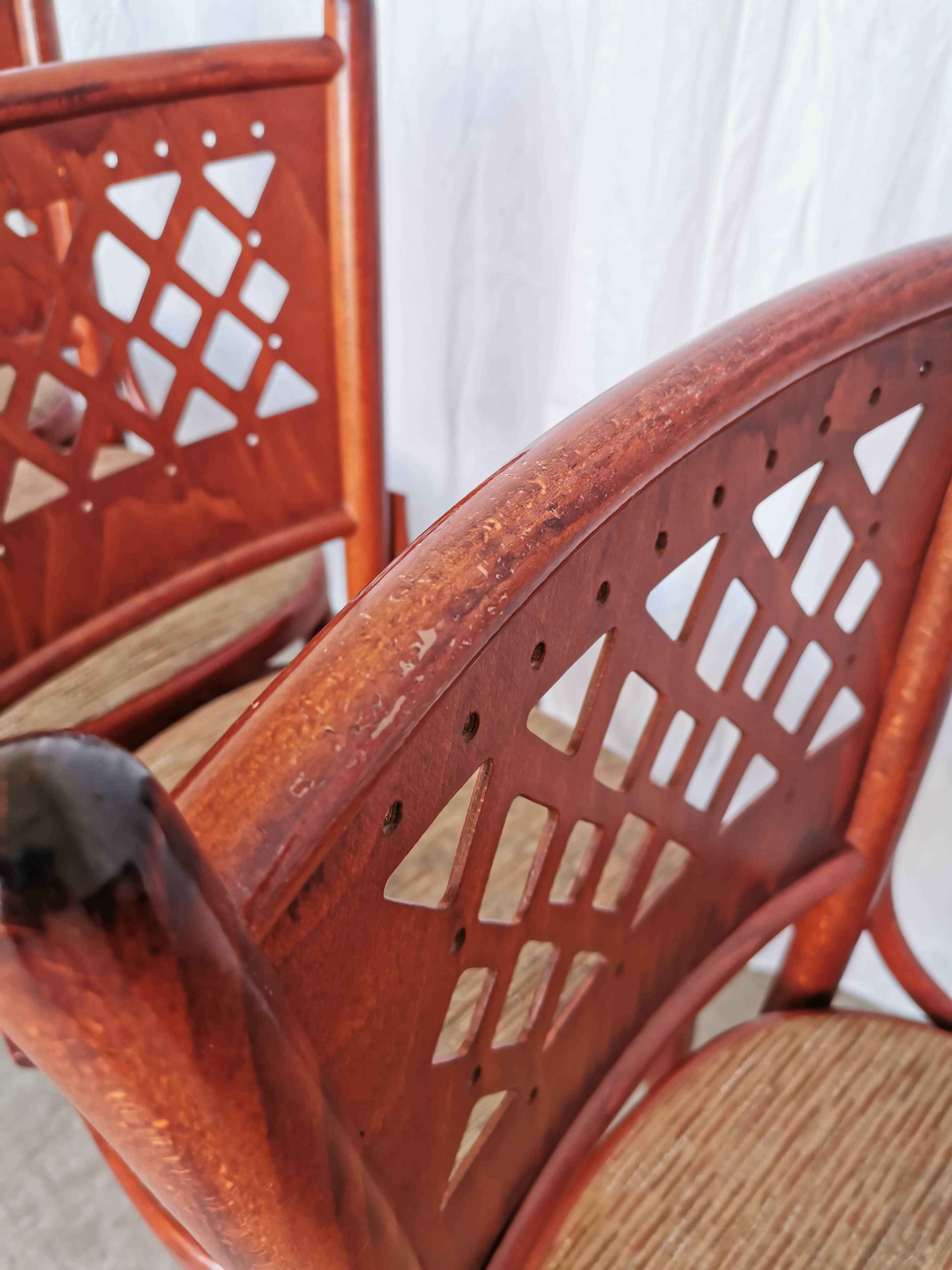 Vintage Italian Bistro Chairs - 1980s Reddish Wood, Brown Fabric - Set of 6