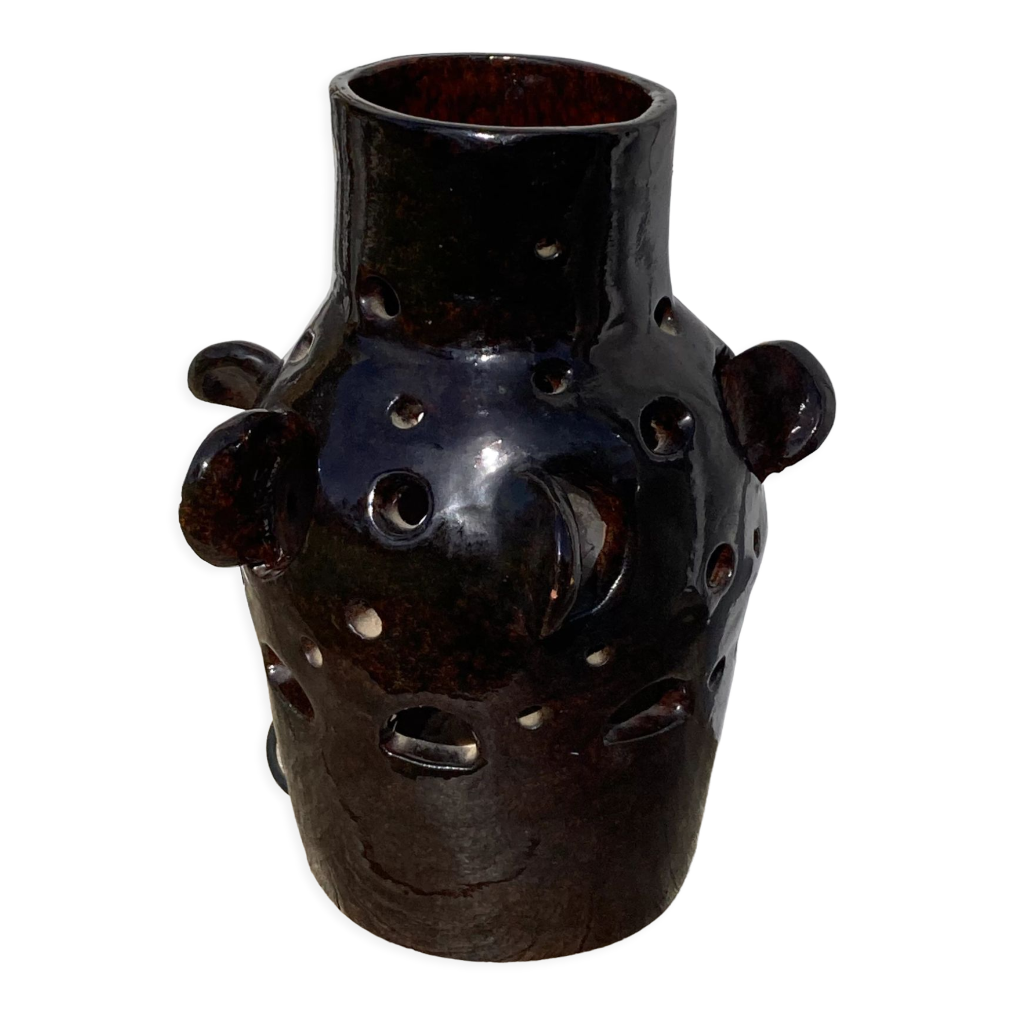 Brutalist lamp in black / brown ceramic openwork 1970