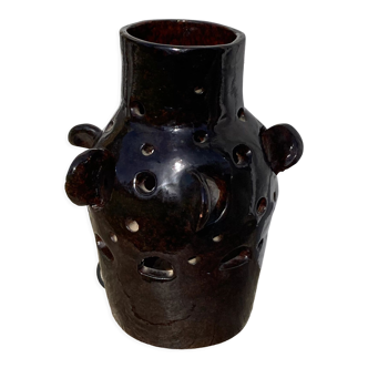 Brutalist lamp in black / brown ceramic openwork 1970