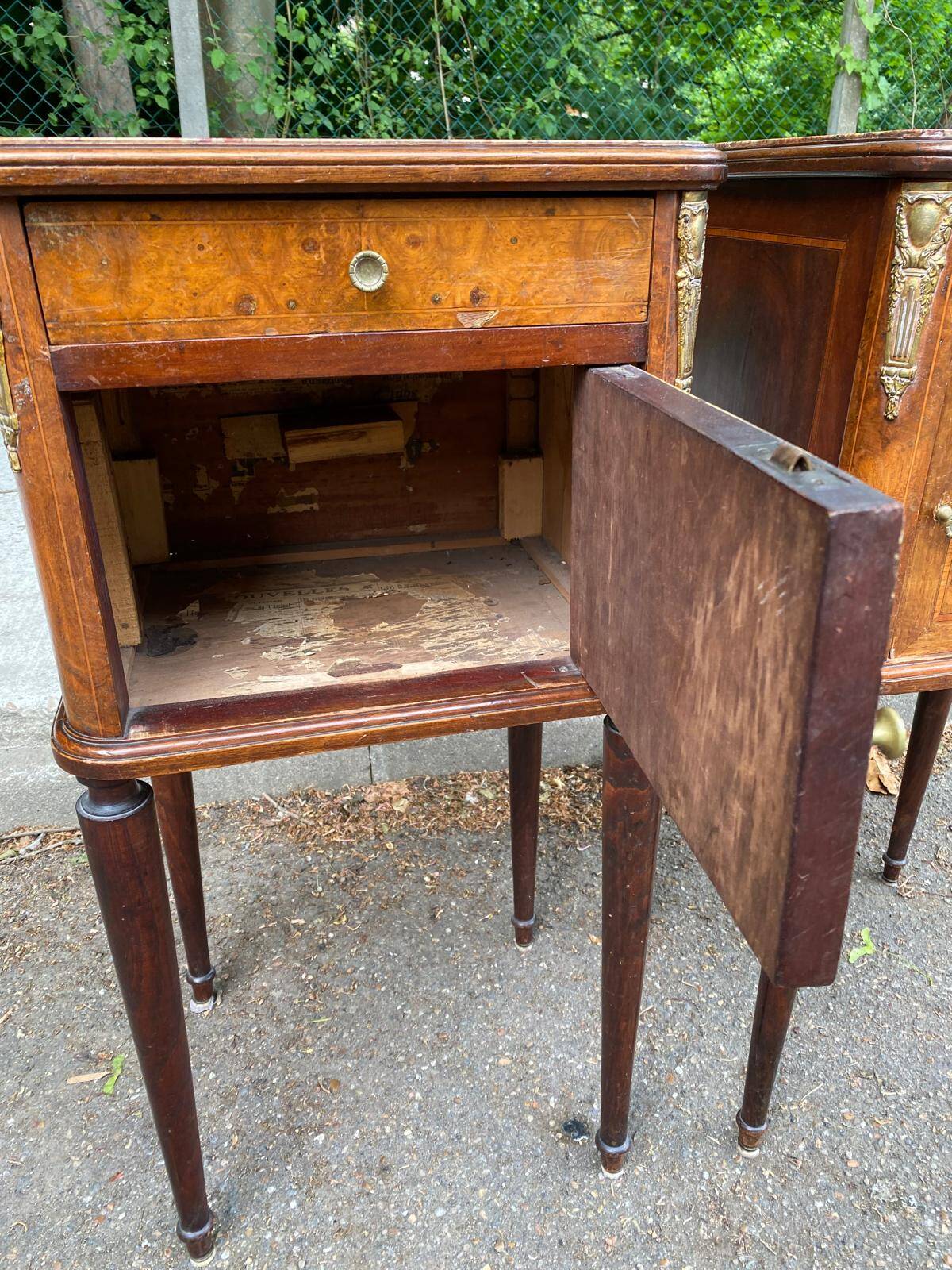 Pair of Louis XV bedside tables, 19th century, marquetry and pink marble