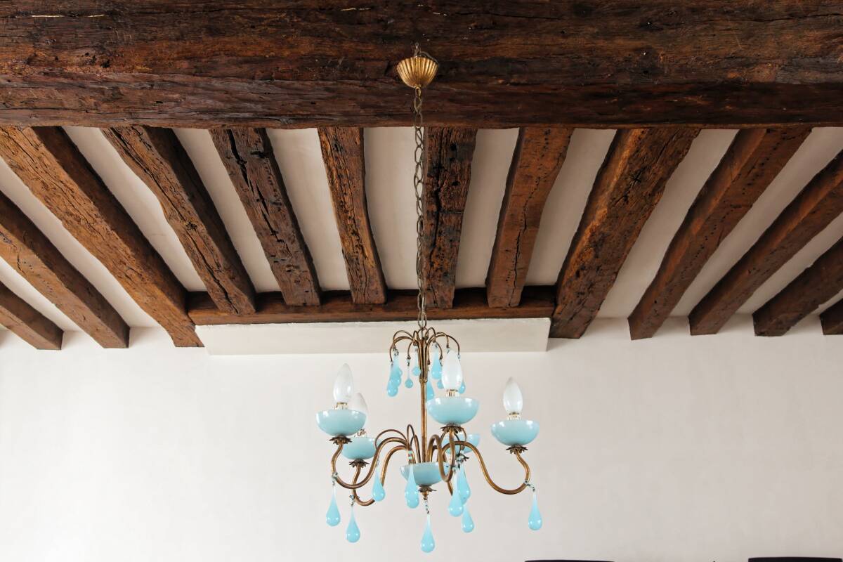 5-light chandelier in brass and blue opaline, 1950s