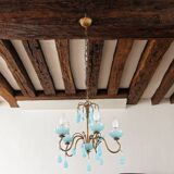 Lustre 5 feux en laiton et opaline bleue, années 50