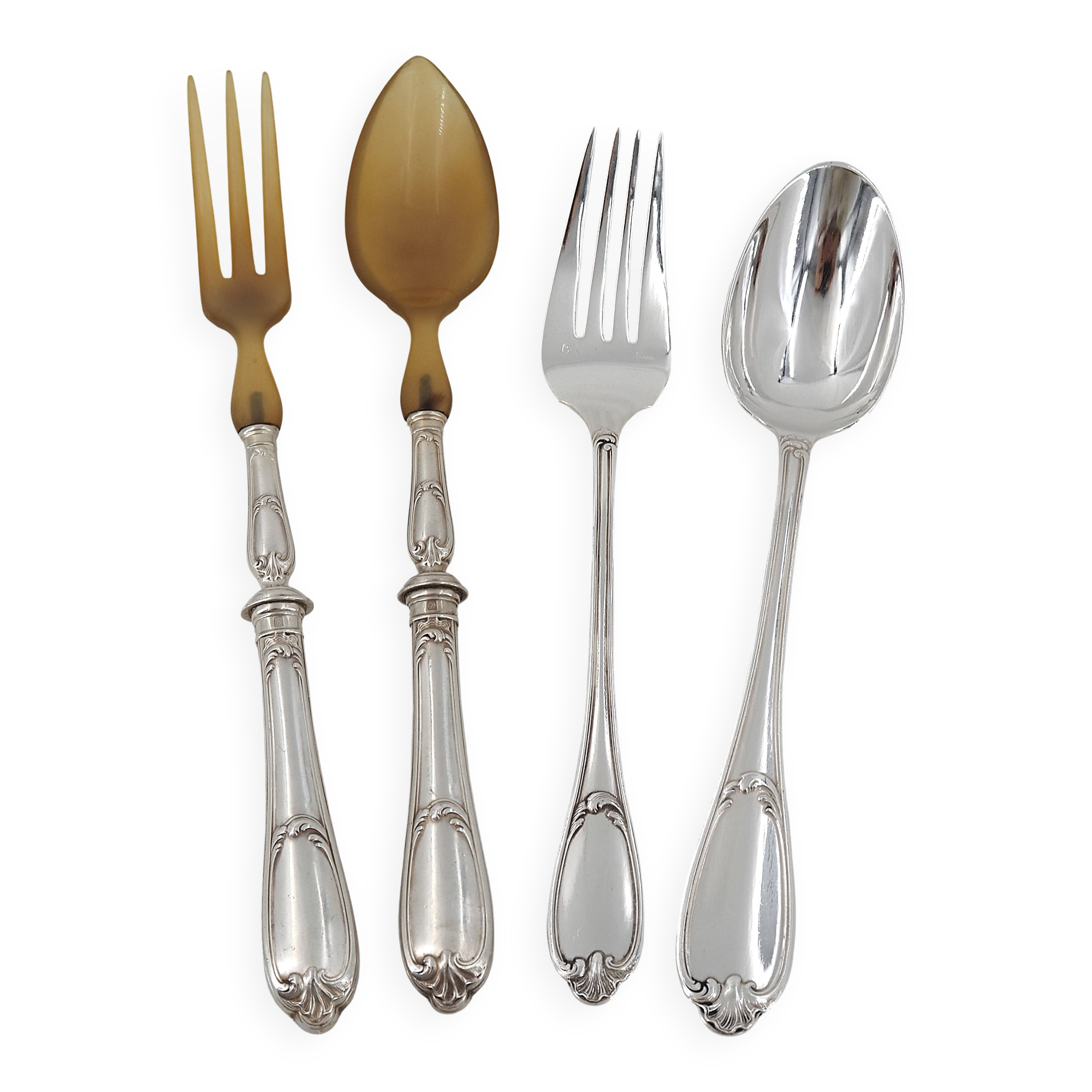 Ercuis Pompadour, set of 4 serving utensils, for stew and salad, silver-plated metal.