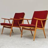 Pair of red Boomerang armchairs by Antonin Suman for Ton Bystrice Thonet