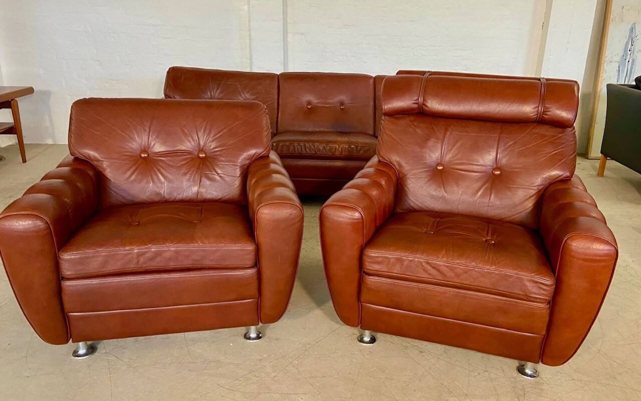 Vintage Danish mid-century Svend Skipper leather club chairs 1970s