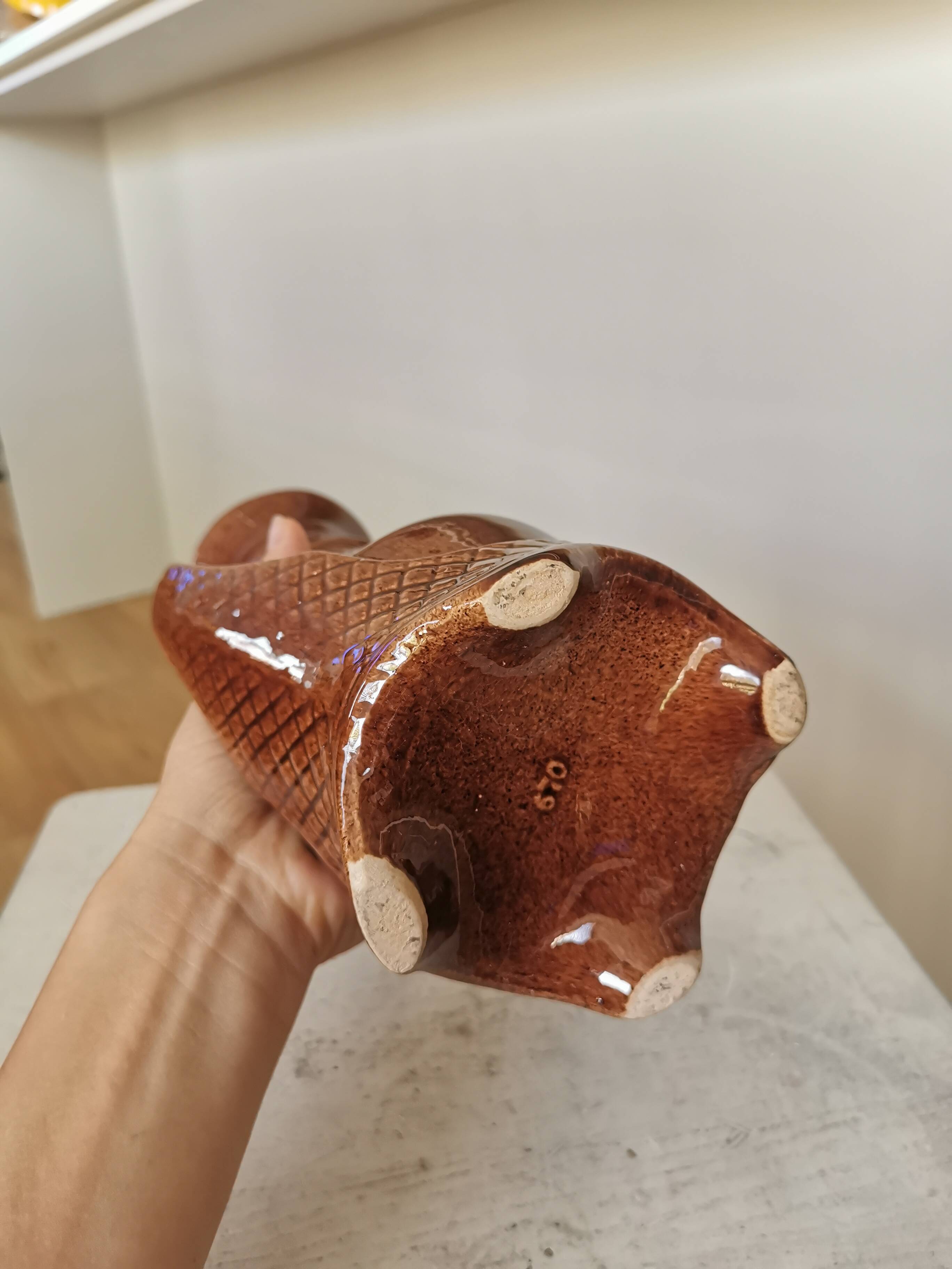 Vintage Amphora Vase: Large Brown Glazed Pottery with Grape Motif