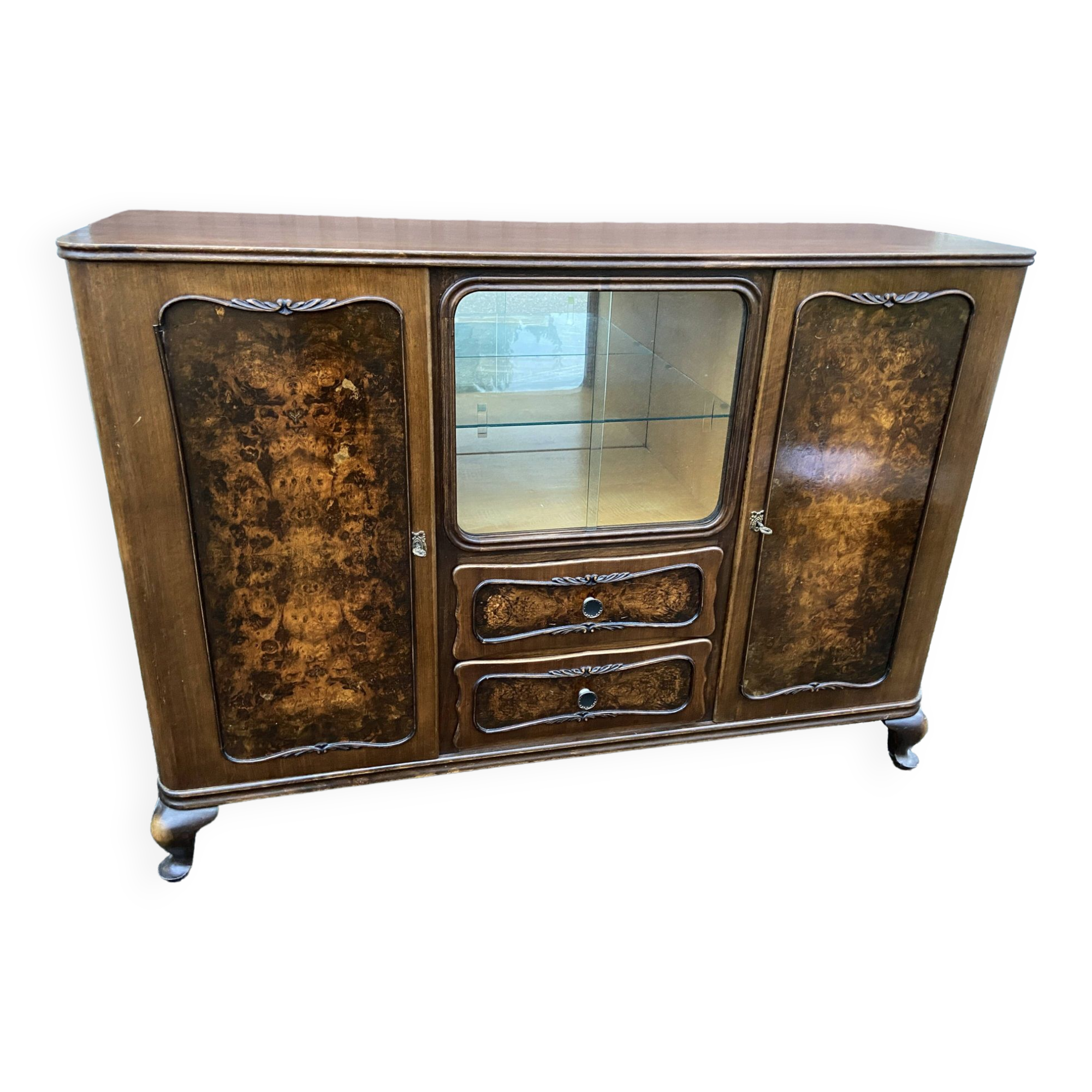Art deco Chippendale sideboard Mid-century vintage 1950 Burl walnut