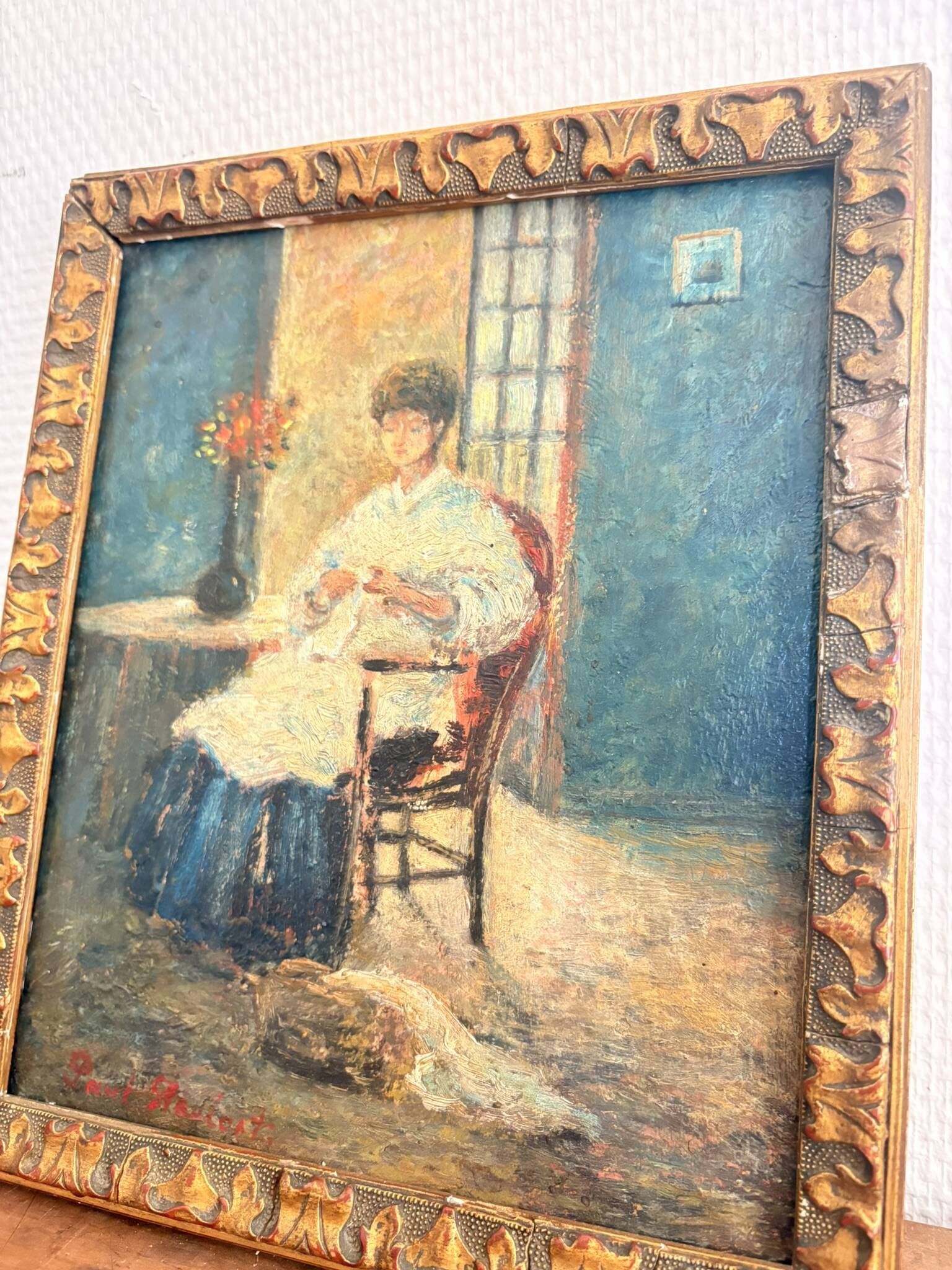 Oil Painting Tableau Paul Flaubert 1928-1994 Interior Scene Knitter