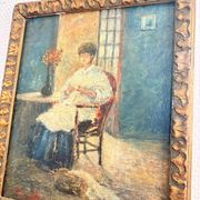 Oil Painting Tableau Paul Flaubert 1928-1994 Interior Scene Knitter