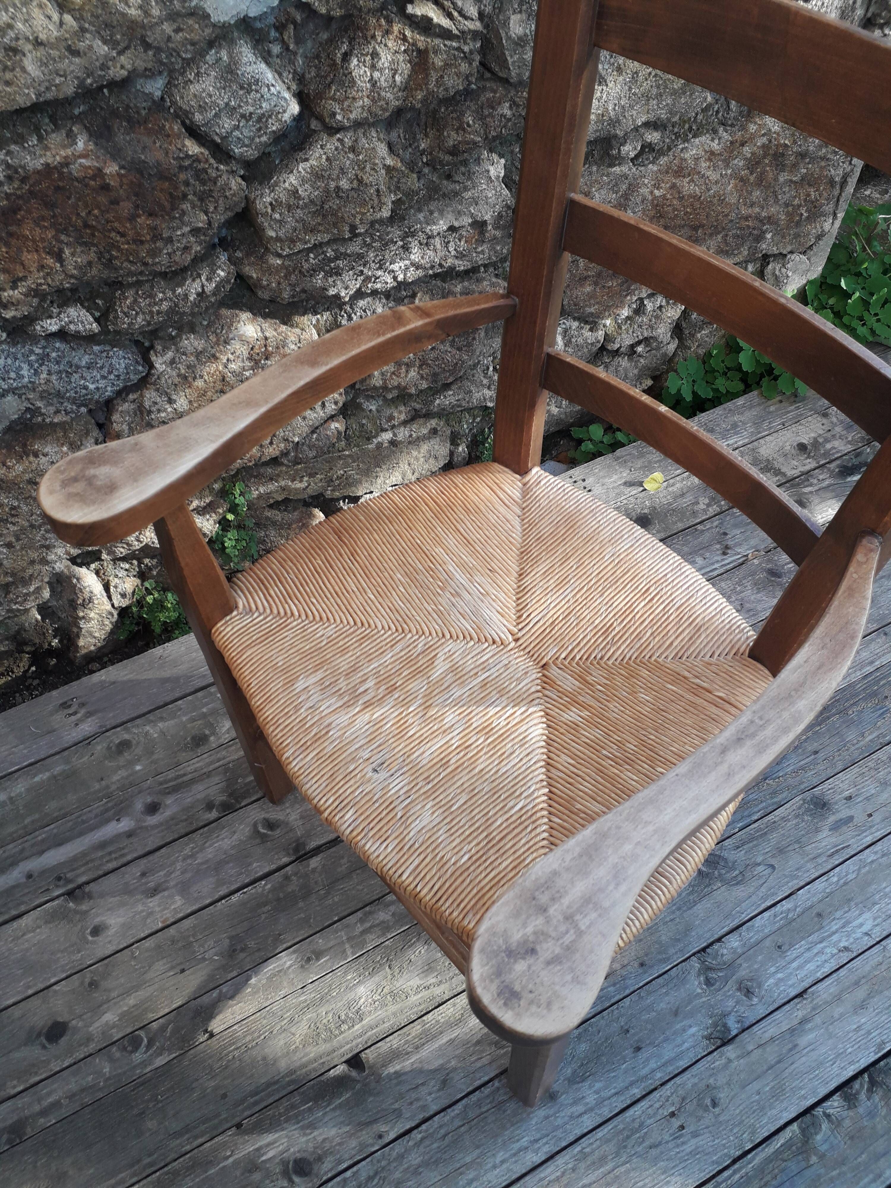 Chair with armrests / wooden armchair and straw seat - 1960s