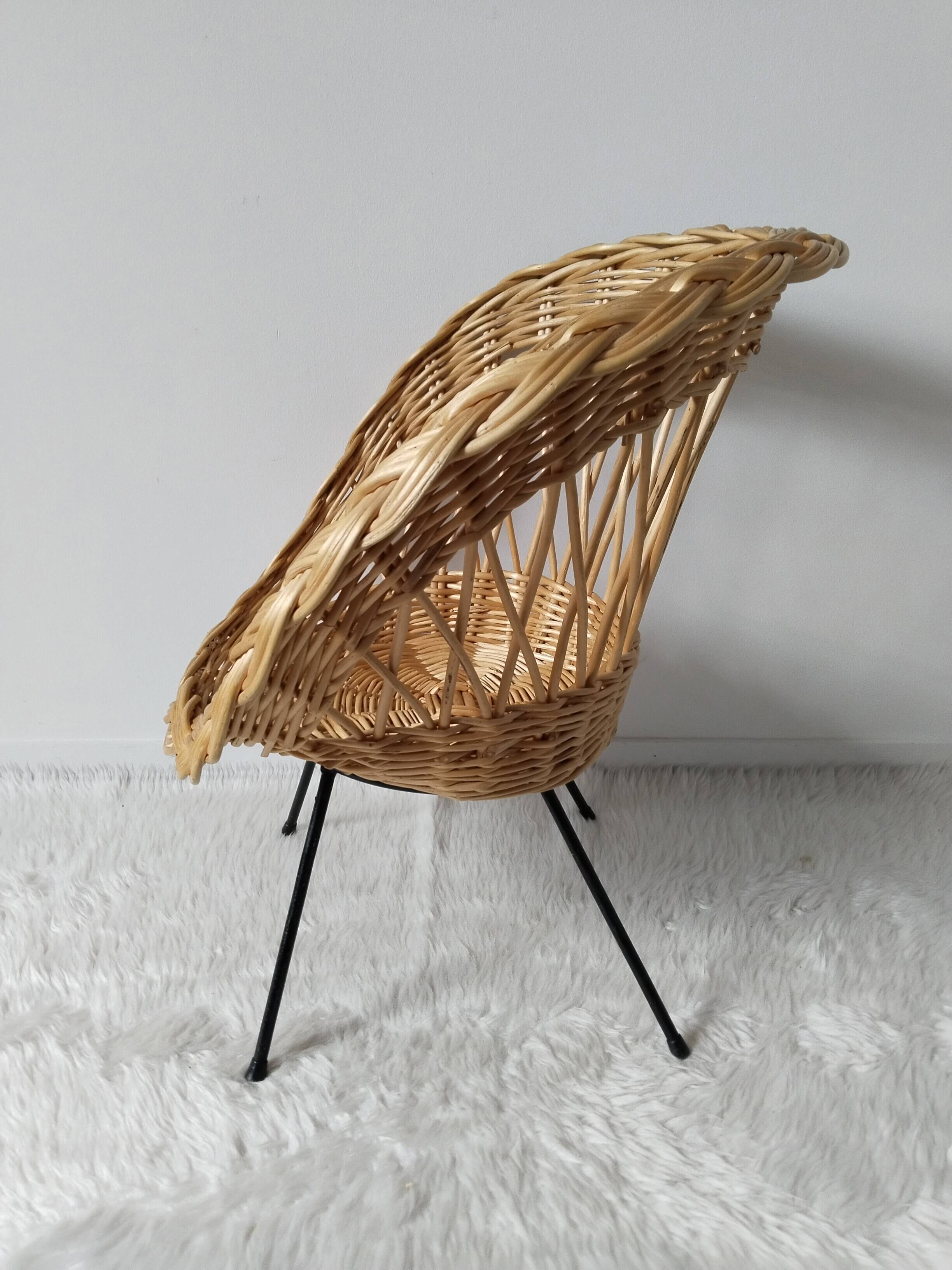Children's rattan basket armchair, metal compass legs