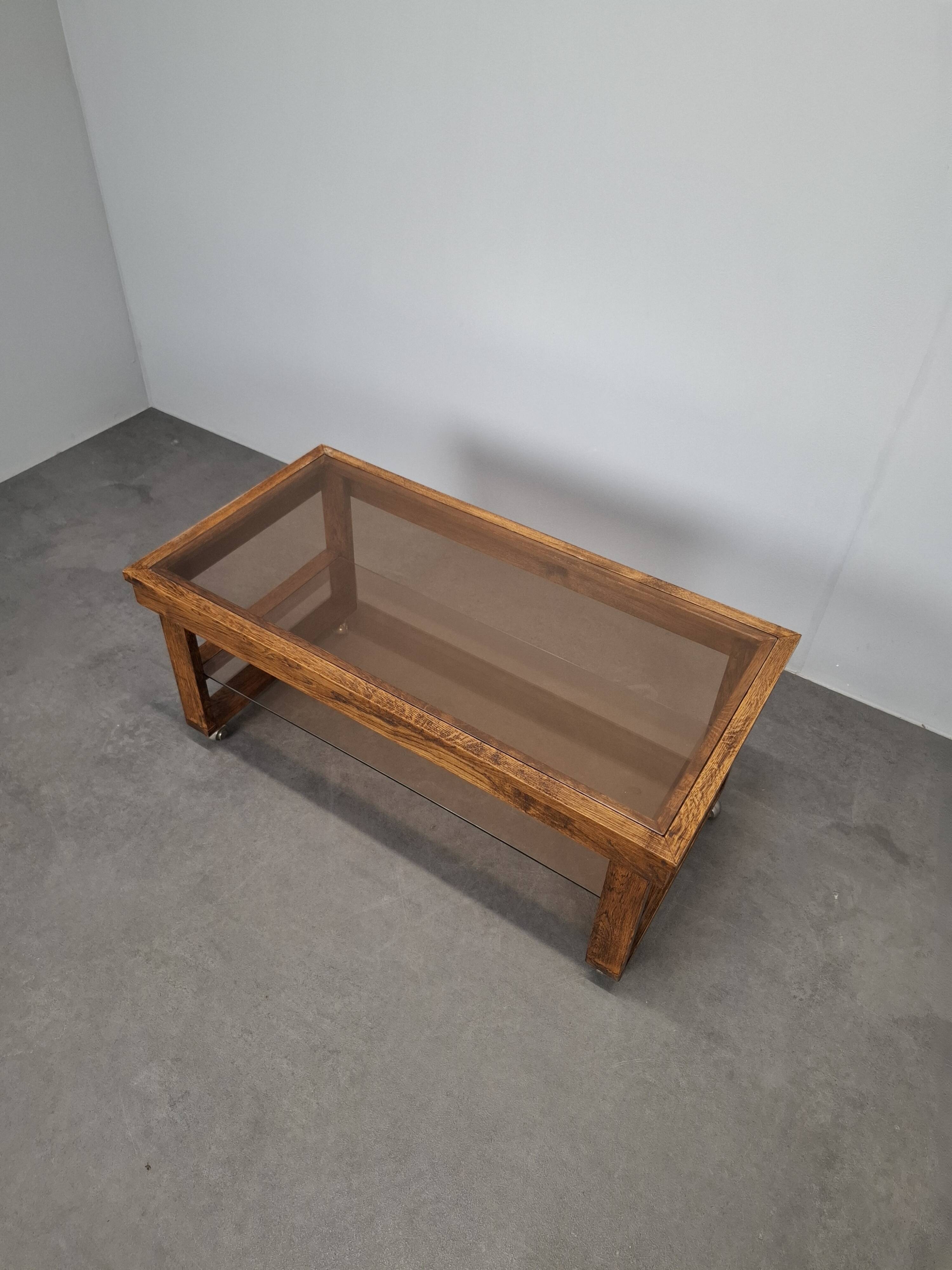 Mid-Century Smoked Glass and Wood Coffee Table on Wheels, Czechoslovakia