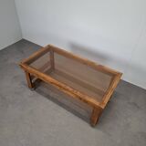 Mid-Century Smoked Glass and Wood Coffee Table on Wheels, Czechoslovakia