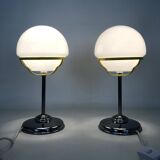 Pair of Space Age table lamps in chromed metal with opaline globe. 1970s