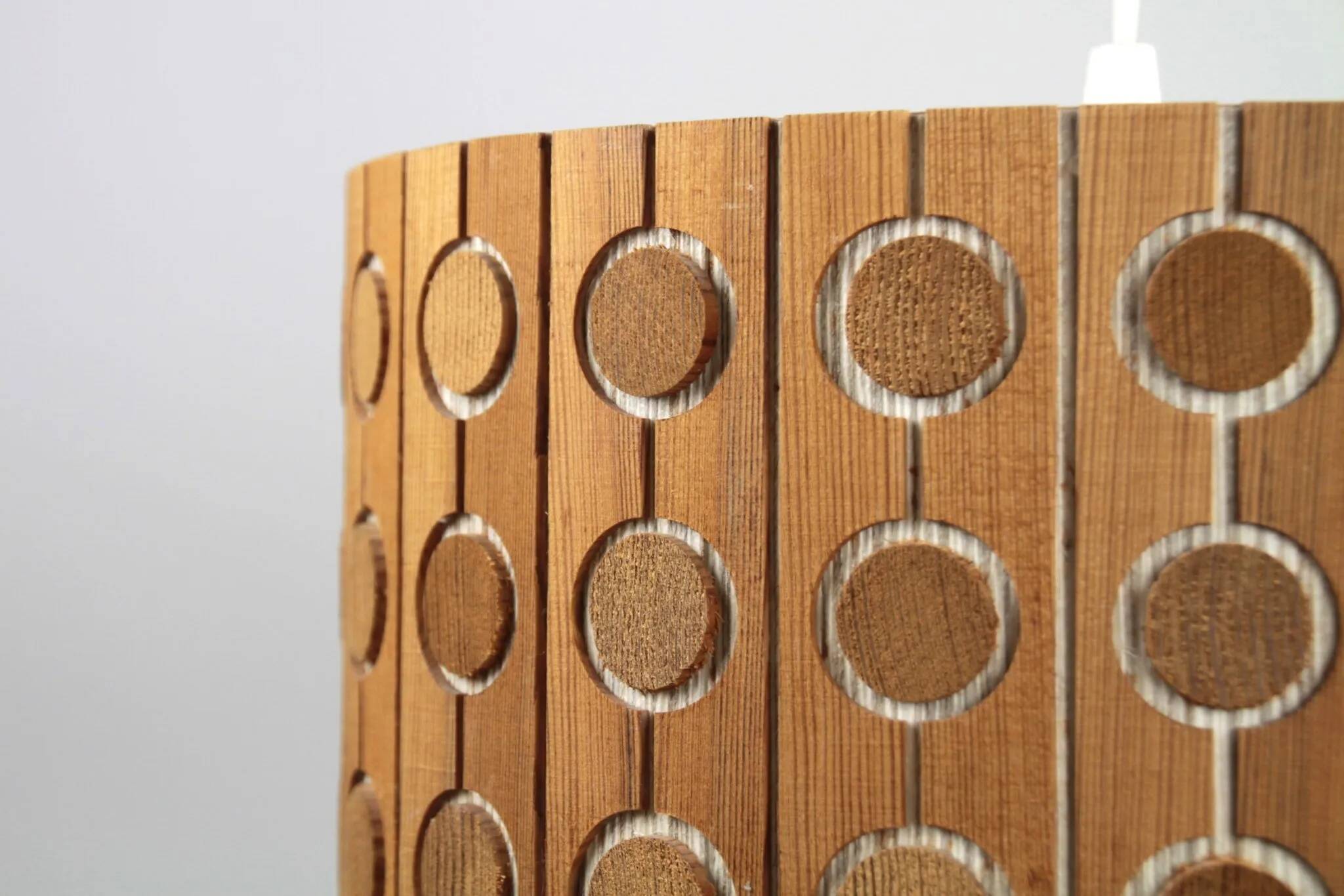Pine Pendant Lamp – Cylindrical with Circle Pattern, Scandinavia – 1960s/1970s