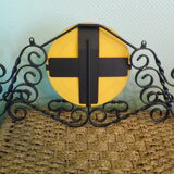 Vintage wall coat rack with mirror, 4 hooks, wrought iron