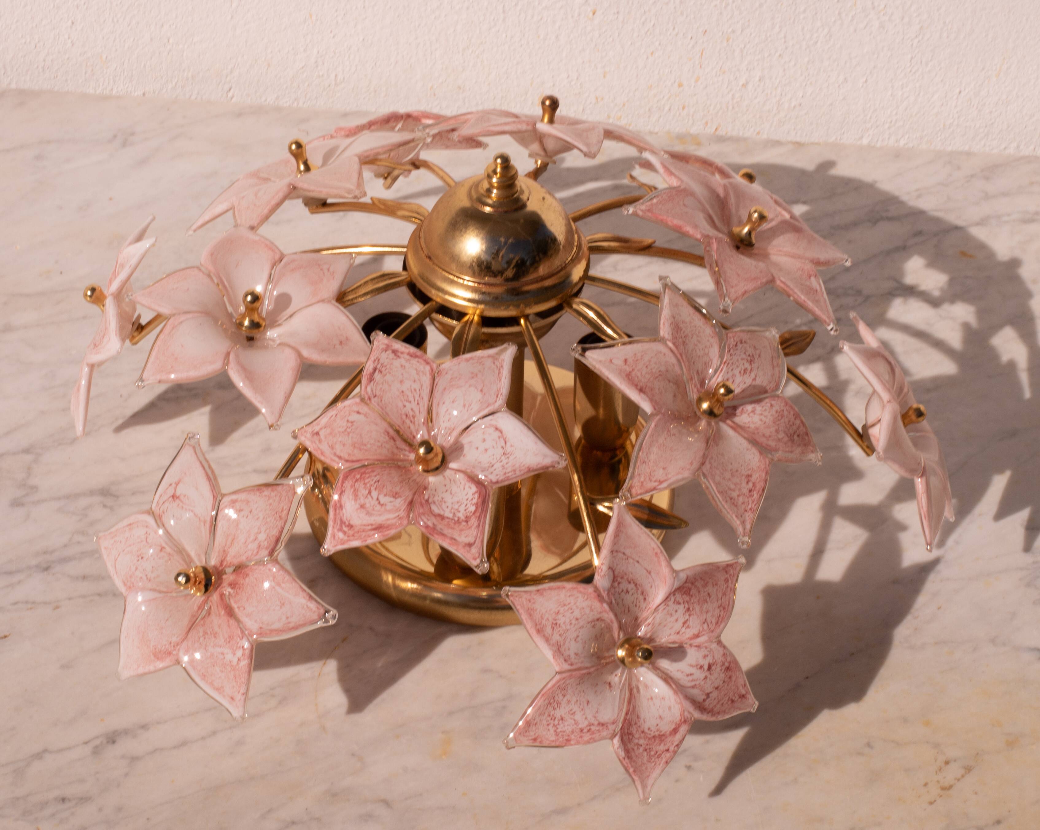 Charming Murano Vintage Ceiling Light Pink Flowers, 1970s