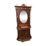 Solid walnut vestibule coat rack with oval mirror and bronze hooks