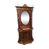 Solid walnut vestibule coat rack with oval mirror and bronze hooks