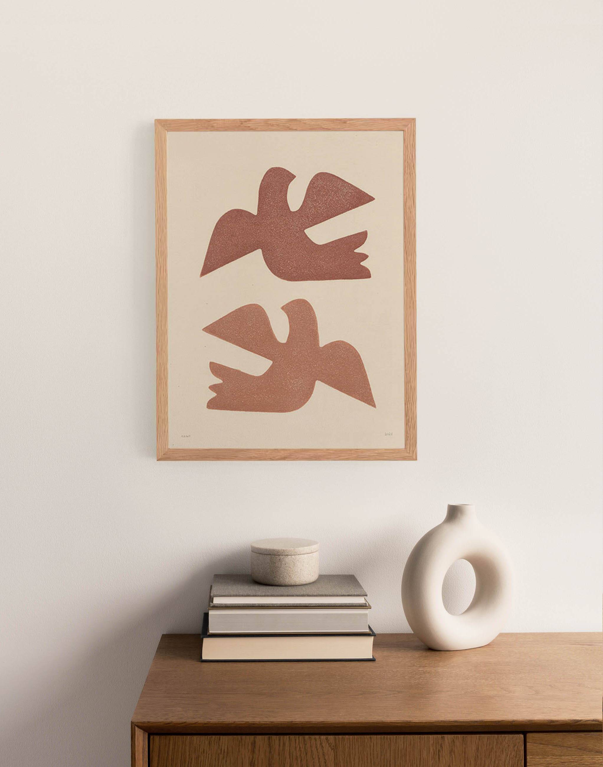 Birds - painting on paper - 30x40cm terracotta - signed Eawy