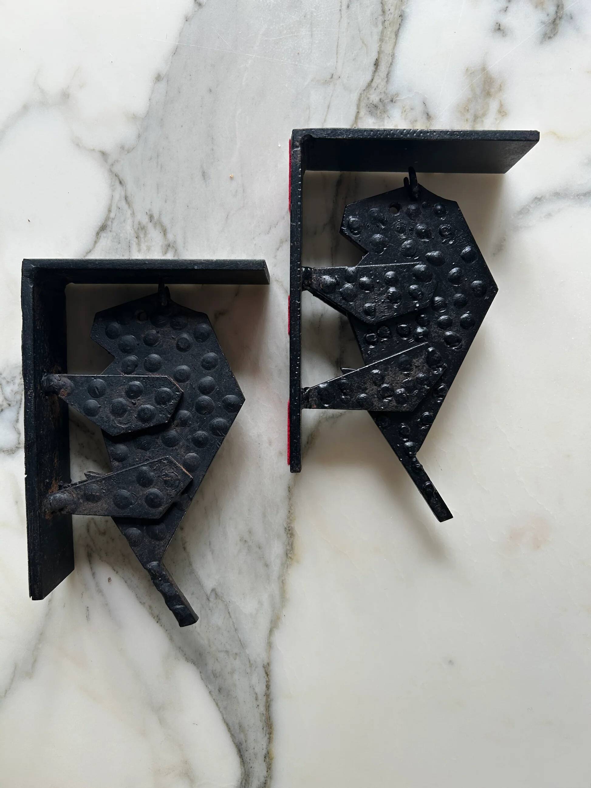 Pair of brutalist buffalo / bison bookends, black metal, mid-century
