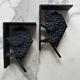 Pair of brutalist buffalo / bison bookends, black metal, mid-century