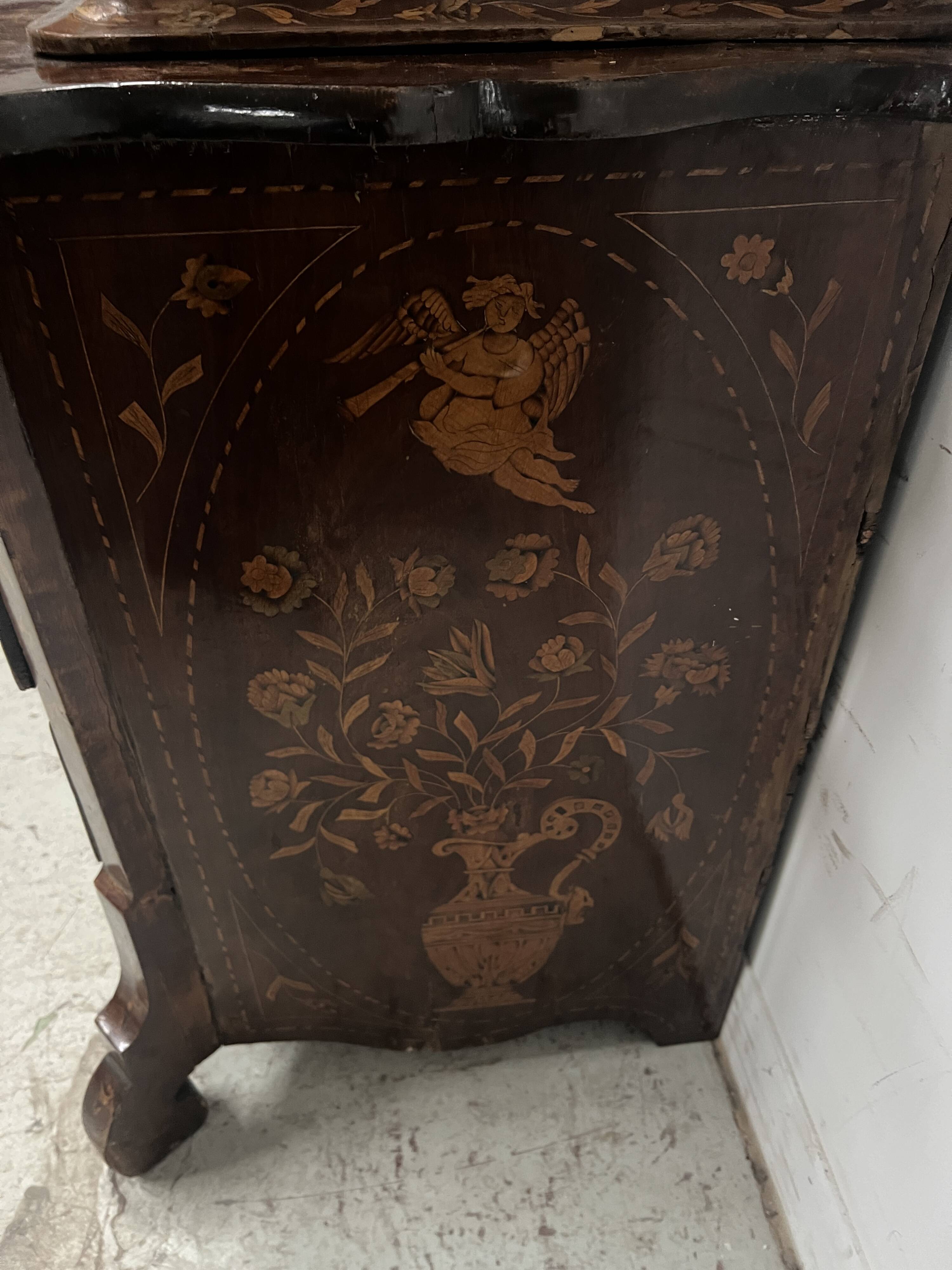 Dutch display cabinet in two parts made of marquetry wood.