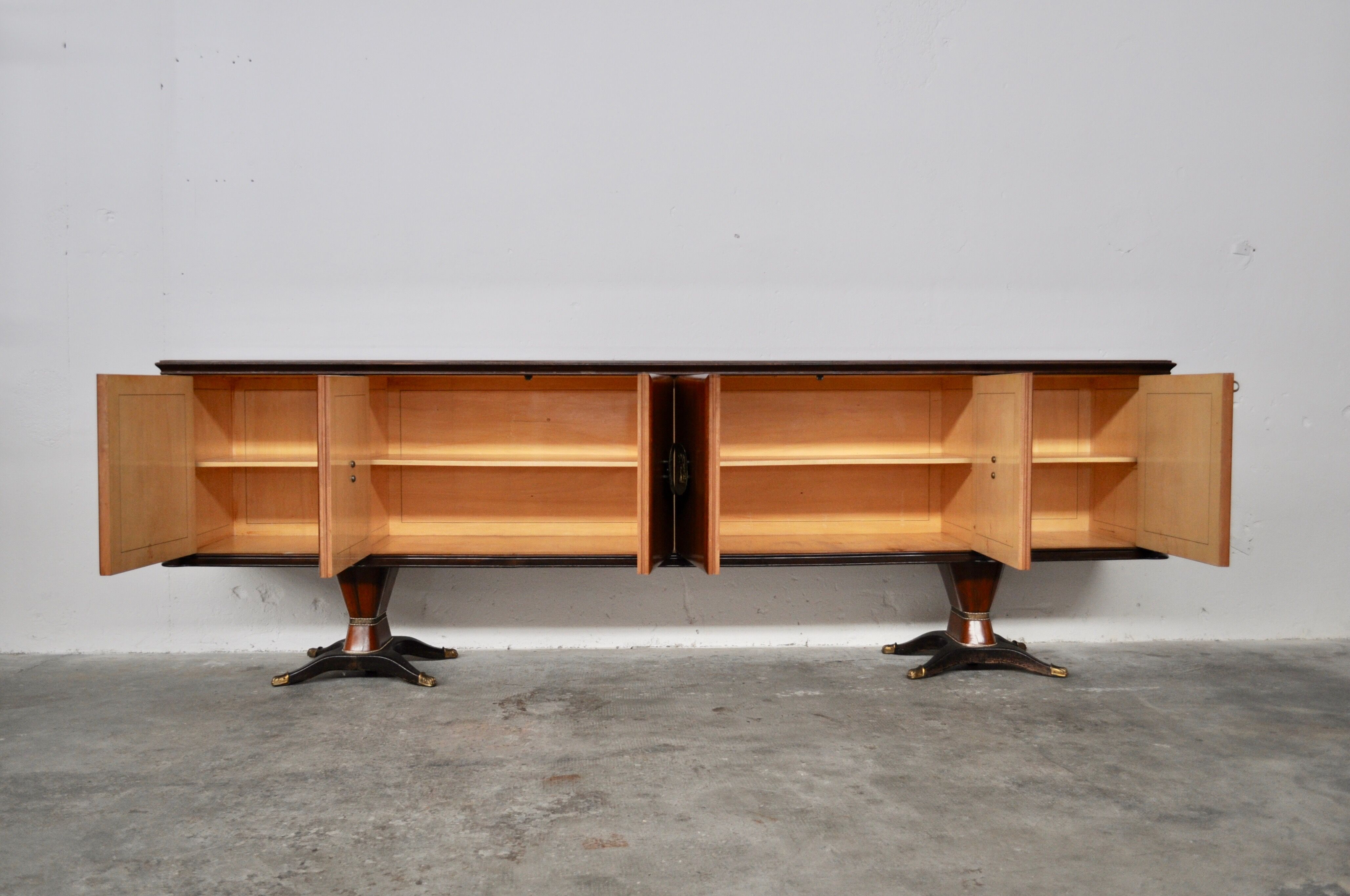 Mahogany, Pearwood, Brass & Marbled Back-Lacquered Glass Top Sideboard with Mirror from F.lli Rigamo