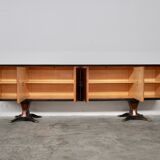 Mahogany, Pearwood, Brass & Marbled Back-Lacquered Glass Top Sideboard with Mirror from F.lli Rigamo