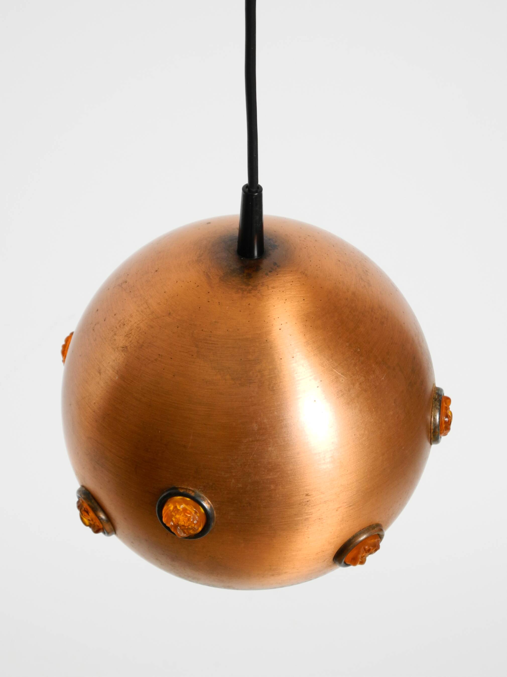 Original 1960s solid copper pendant lamp with orange synthetic glass stones