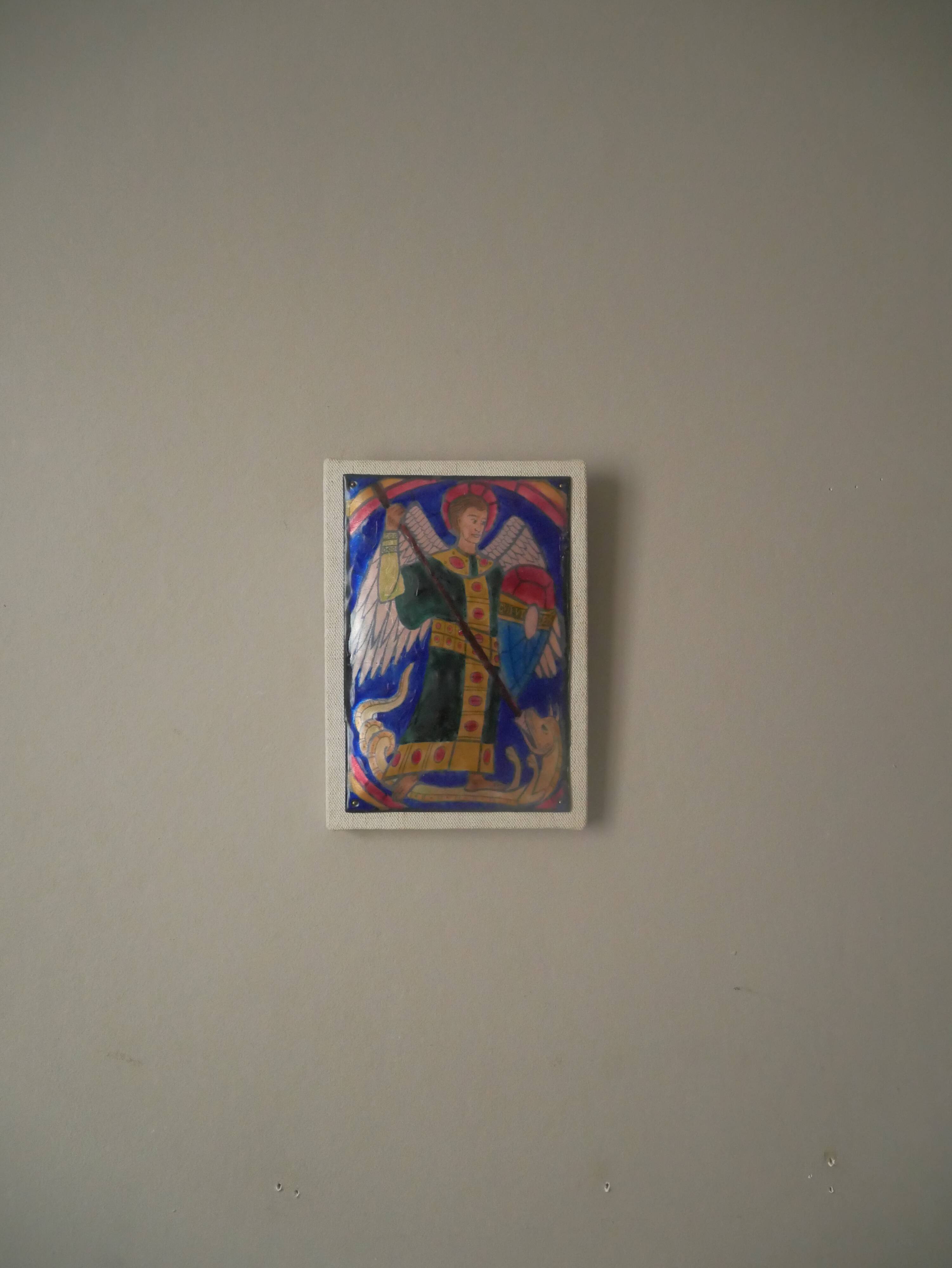 Enamel of the great fire of Saint Michael on a wooden frame religious object Saint Martin Abbey decoration frame