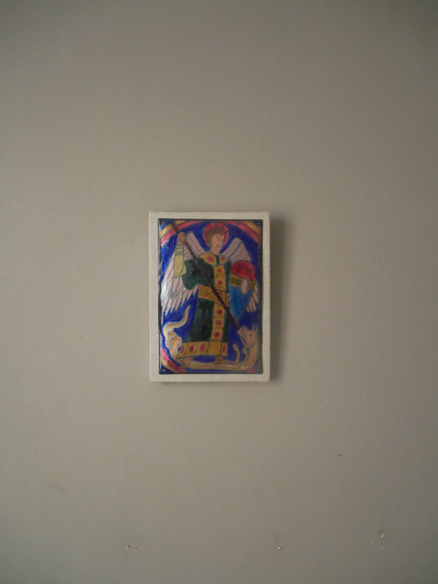 Enamel of the great fire of Saint Michael on a wooden frame religious object Saint Martin Abbey decoration frame