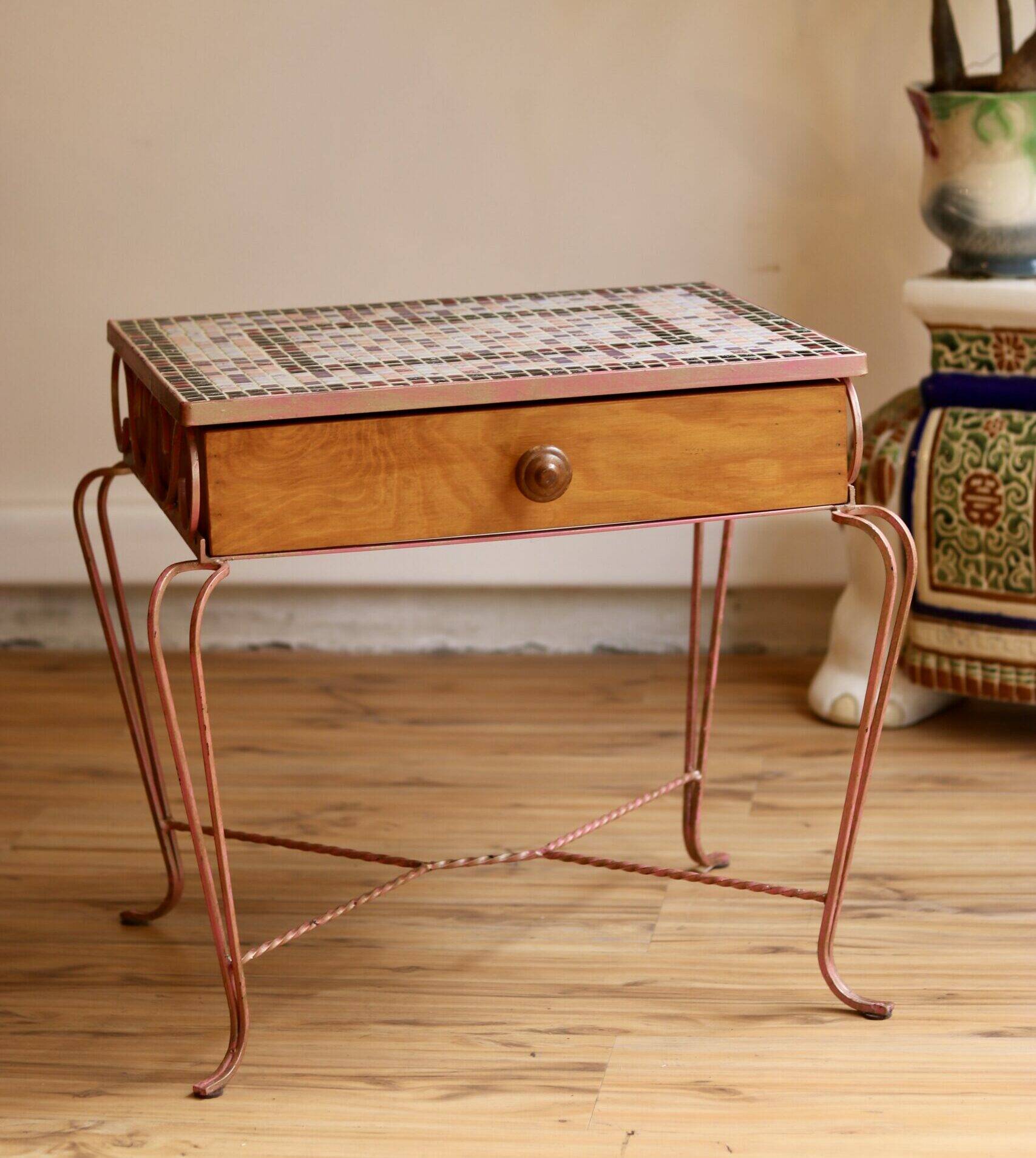 Small side table in wrought iron and mosaic, 1950s-60s.