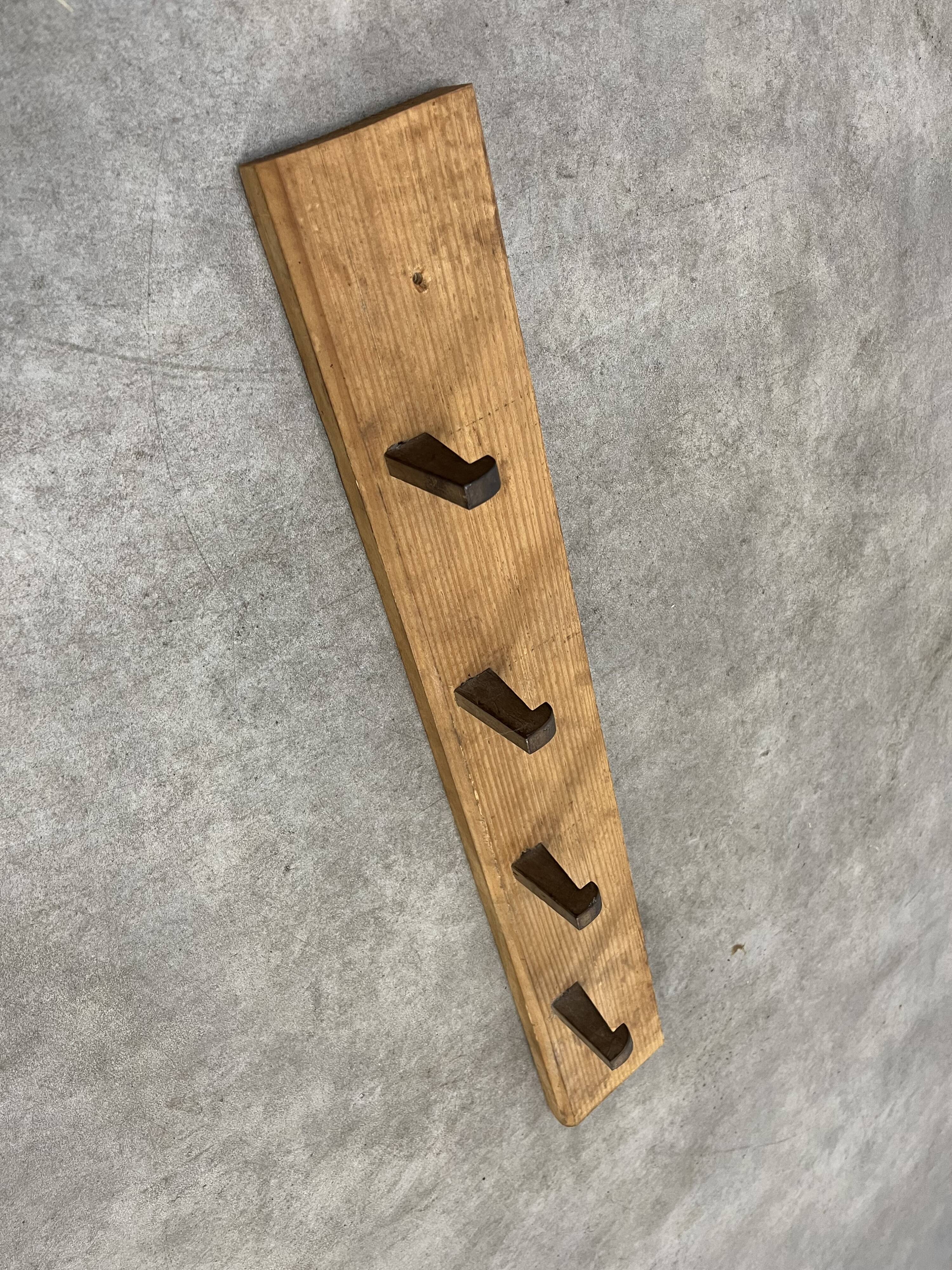 Brutalist pine chalet style wall coat rack, 4 hooks