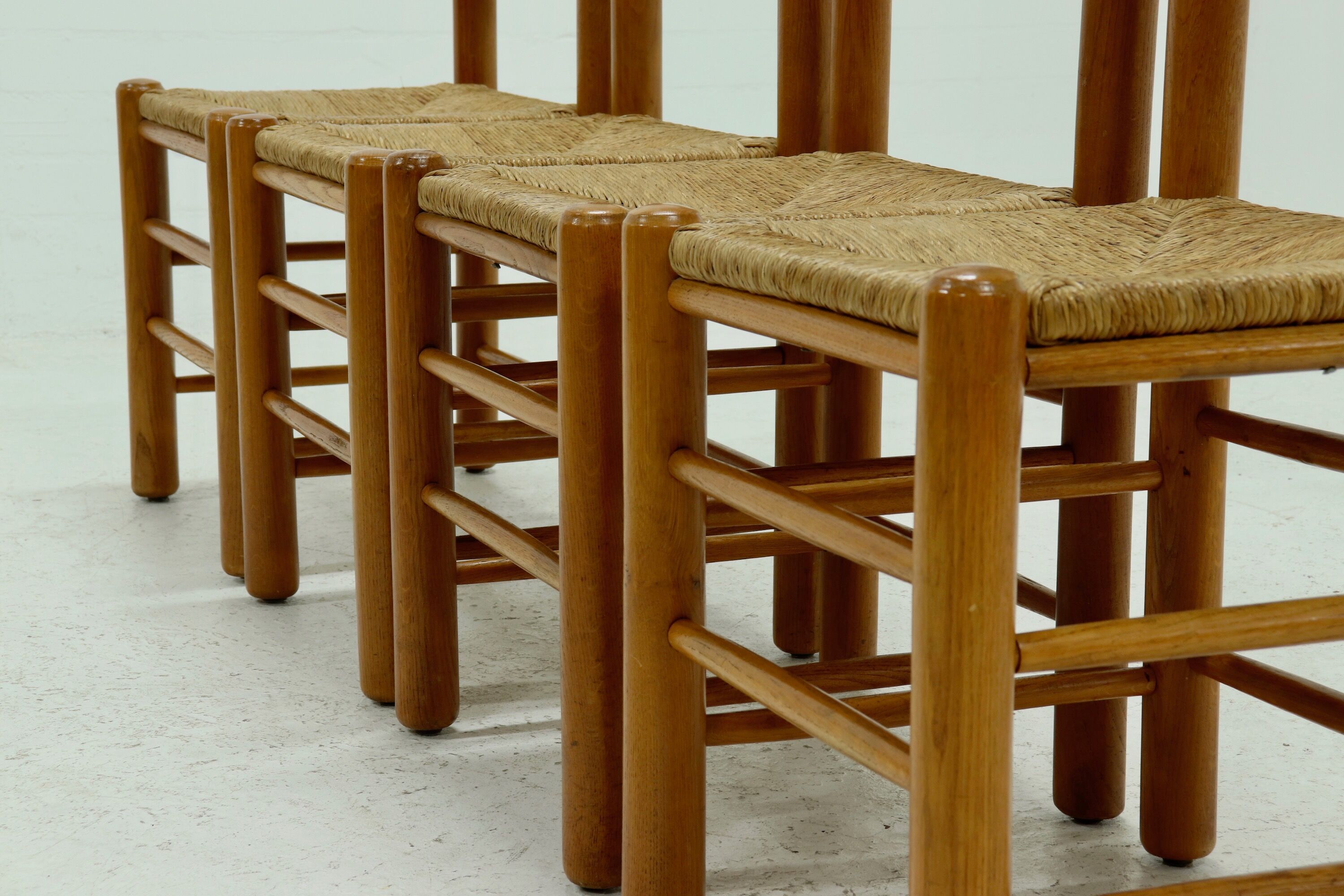 Set of 4 solid oak & rush brutalist dining chairs 1960s