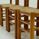 Set of 4 solid oak & rush brutalist dining chairs 1960s