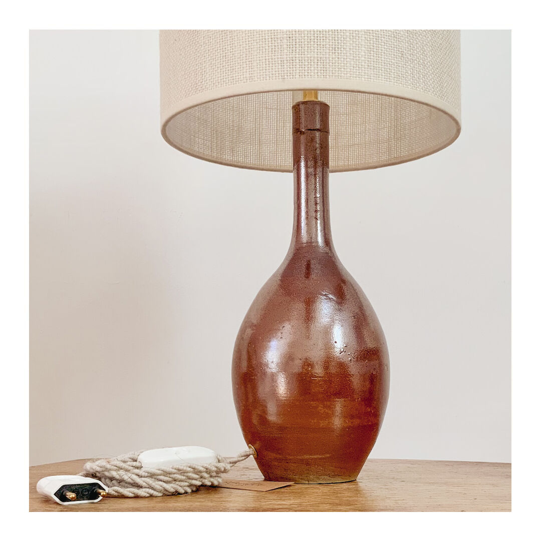 Lampe grès et jute tissée écrue