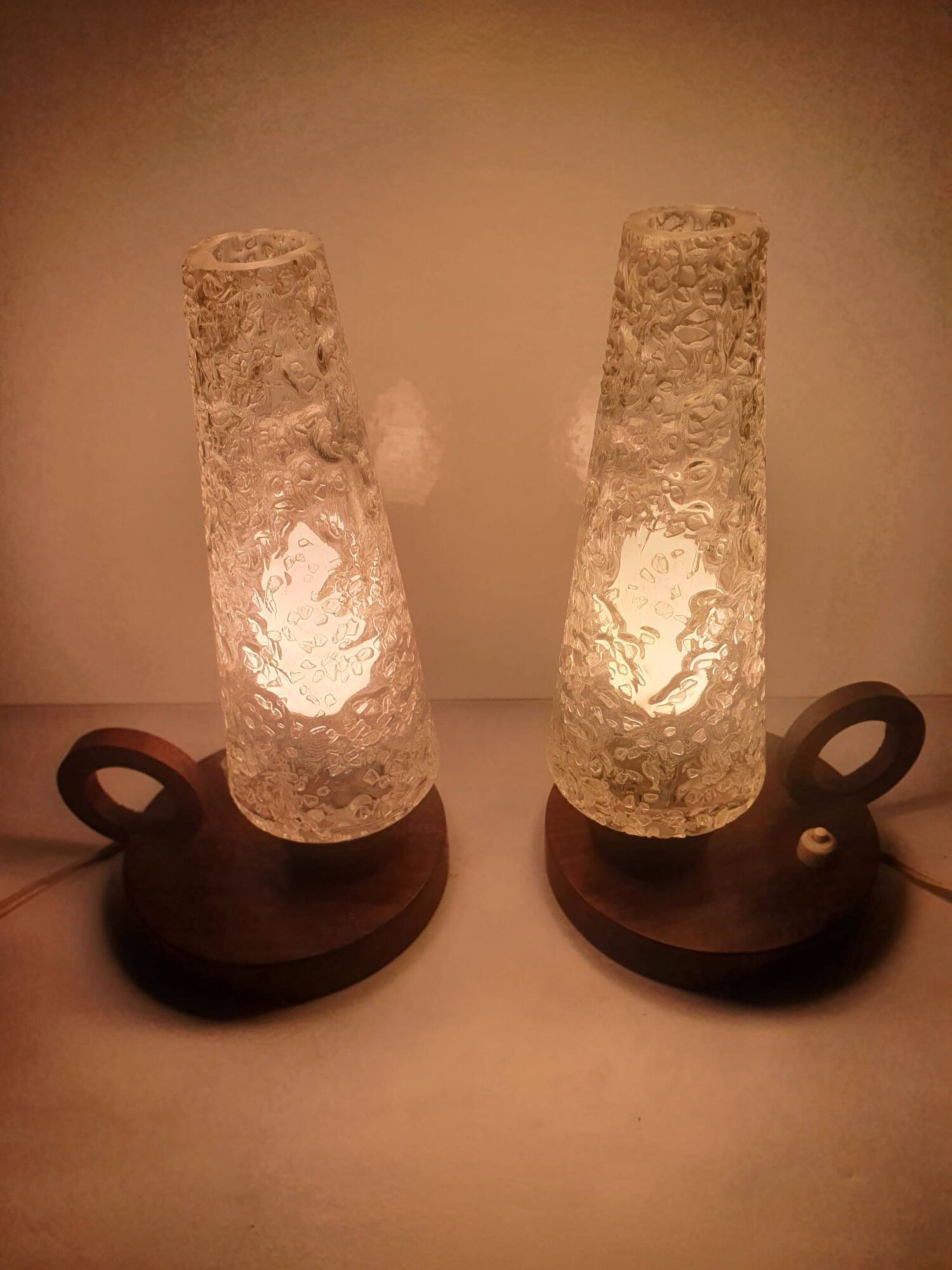 Pair of antique glass and wood table lamps